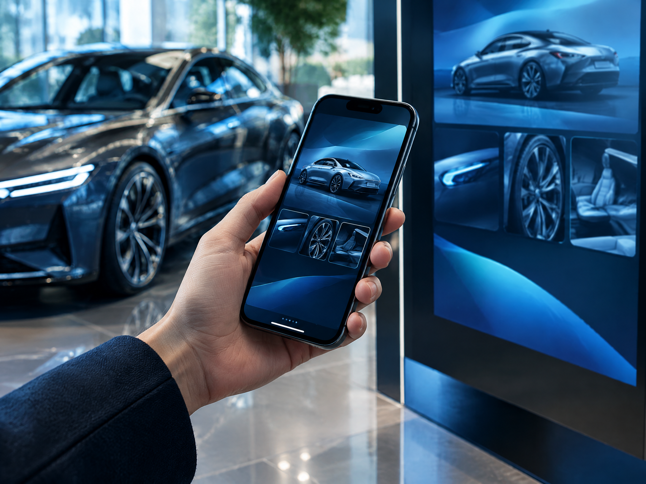 Illustrative smartphone showing a vehicle gallery beside a showroom display