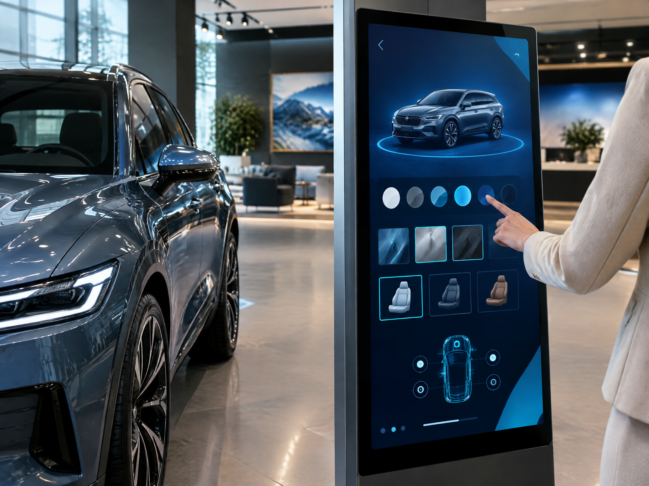 Illustrative vehicle configurator touchscreen beside a showroom car
