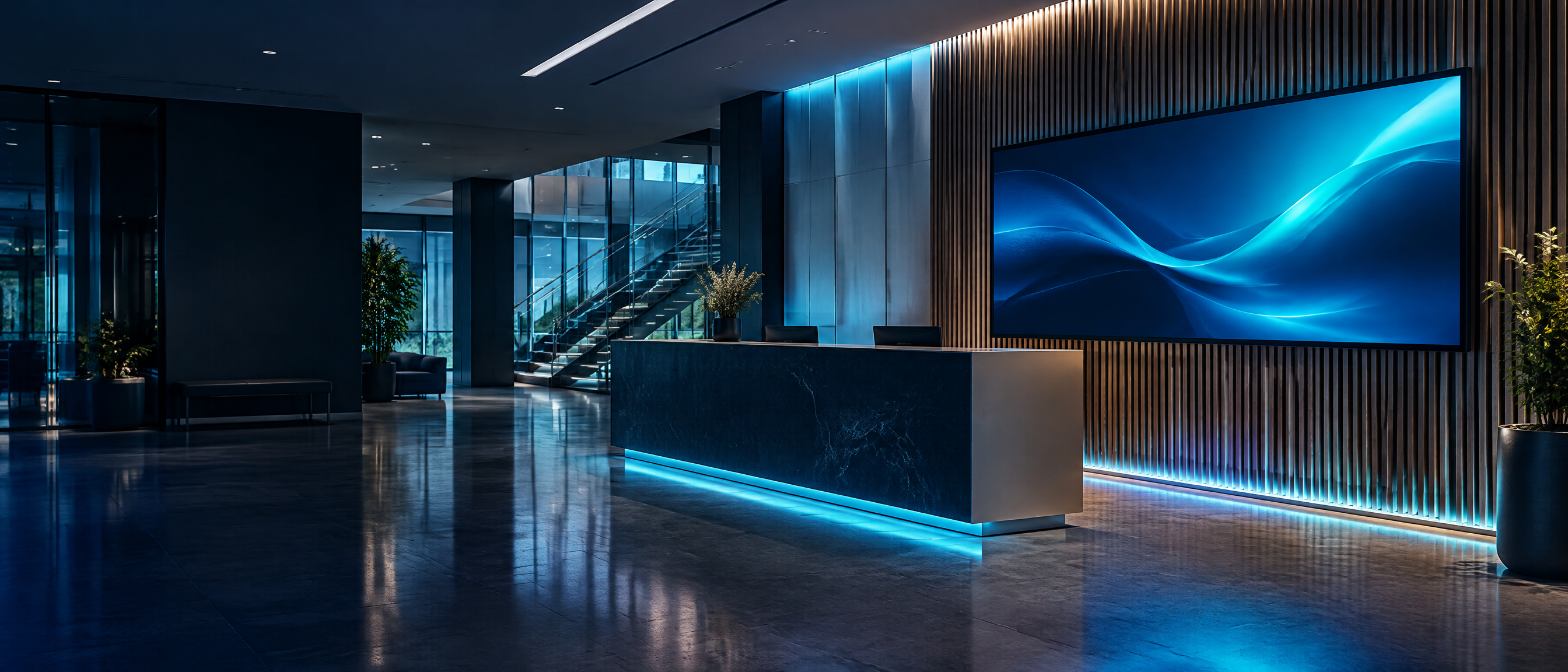 Illustrative workplace reception with a managed landscape digital signage display showing an abstract cyan visual