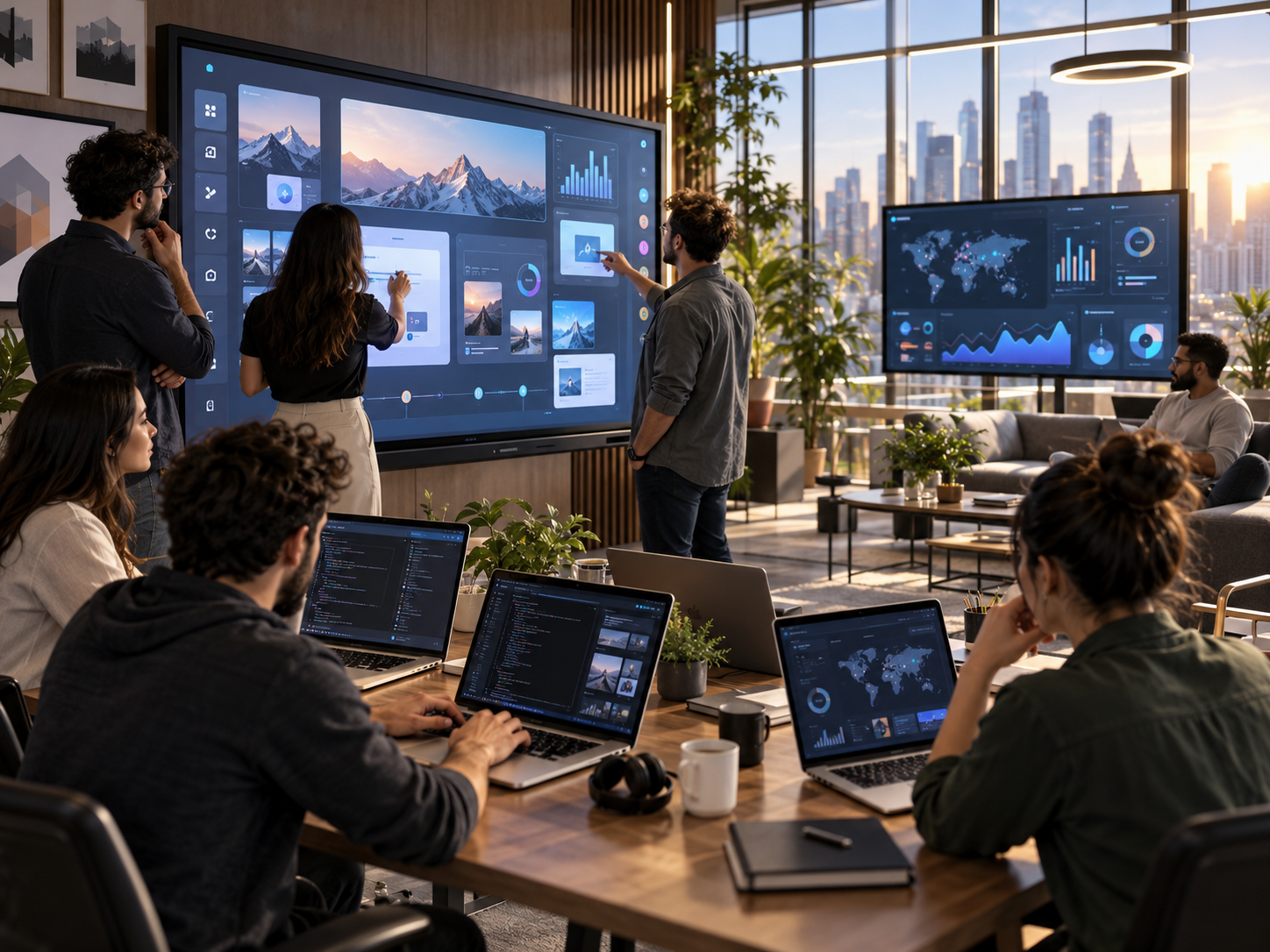 Illustrative development studio with a team reviewing bespoke digital displays and representative dashboard-style layouts