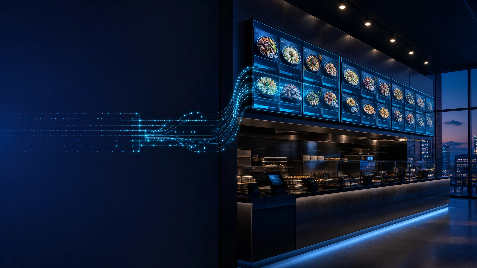 Illustrative Dhruv workflow showing approved EPOS data prepared for digital menu screens in a QSR setting