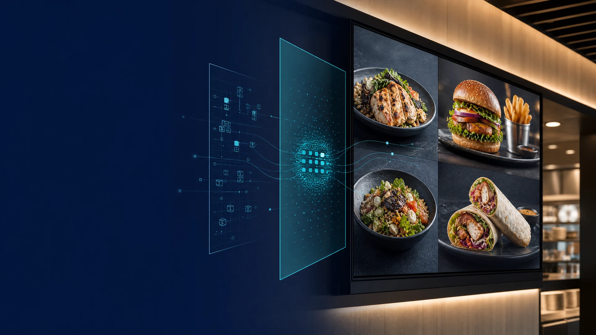 Illustrative Dhruv screen-readiness workflow from approved EPOS data to a compatible digital menu display