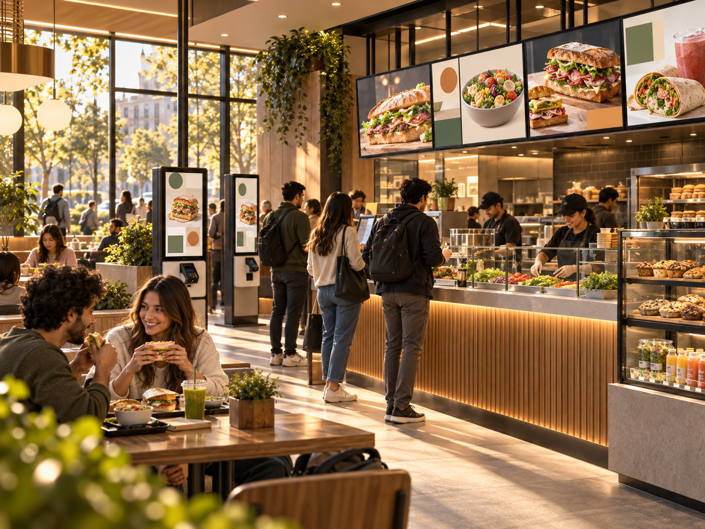 Illustrative quick-service restaurant environment with digital menu boards and a customer service counter