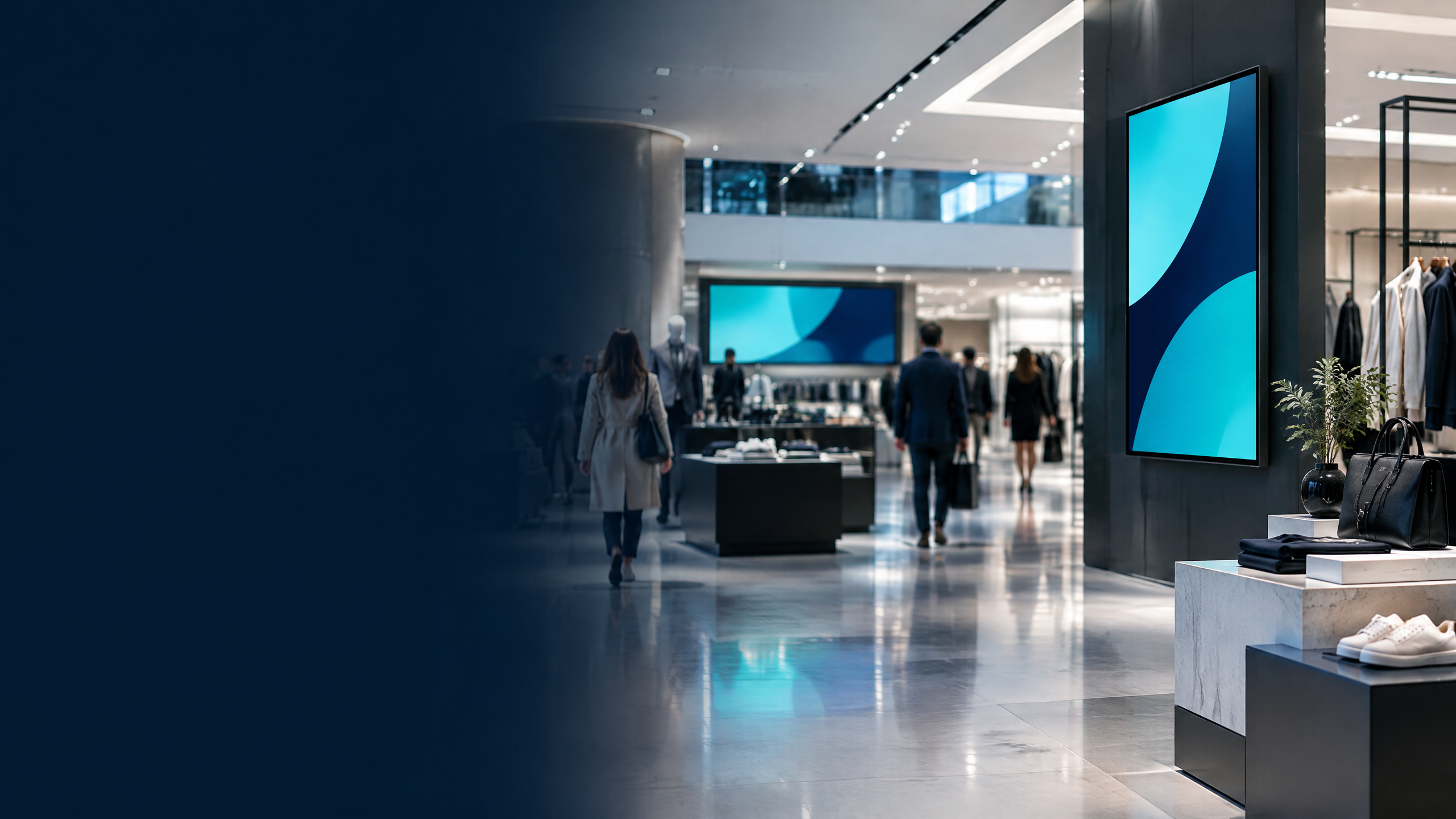 Illustrative modern retail store with coordinated digital signage screens
